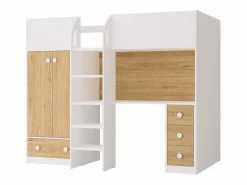 Cama alta de 90 x 190 cm con armario y escritorio blanco y natural + colchón - CINAMO^Vente-unique New