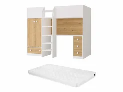 Cama alta de 90 x 190 cm con armario y escritorio blanco y natural + colchón - CINAMO^Vente-unique New
