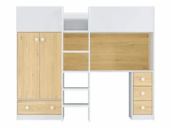 Cama alta de 90 x 190 cm con armario y escritorio blanco y natural + colchón - CINAMO^Vente-unique New