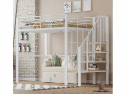 Merax Cama alta de 140 x 200 cm con escalera grande - Metal + Contrachapado + MDF - Somier de láminas - Blanco Discount