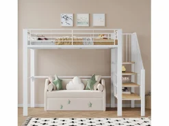 Merax Cama alta de 140 x 200 cm con escalera grande - Metal + Contrachapado + MDF - Somier de láminas - Blanco Discount