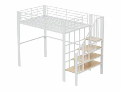 Merax Cama alta de 140 x 200 cm con escalera grande - Metal + Contrachapado + MDF - Somier de láminas - Blanco Discount