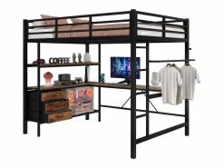 Hauss Spole Cama alta de 140 x 200 cm con iluminación LED, escritorio, toma de corriente y 3 cajones - Cama infantil de metal y madera - Color Negro Sale