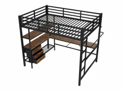 Hauss Spole Cama alta de 140 x 200 cm con iluminación LED, escritorio, toma de corriente y 3 cajones - Cama infantil de metal y madera - Color Negro Sale