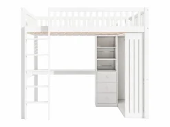 ModernLuxe Cama alta de madera de 140x200 cm - con escritorio y armario - Blanco New