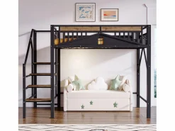 Hauss Spole Cama alta de madera oscura y negra 140x200cm con barandilla de seguridad y escalera, metal + MDF (colchón no incluido) Negro Hot