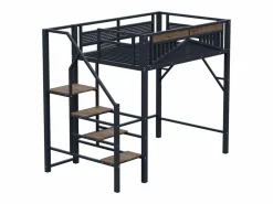 Hauss Spole Cama alta de madera oscura y negra 140x200cm con barandilla de seguridad y escalera, metal + MDF (colchón no incluido) Negro Hot