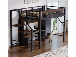 Hauss Spole Cama alta de madera oscura y negra 140x200cm con barandilla de seguridad y escalera, metal + MDF (colchón no incluido) Negro Hot