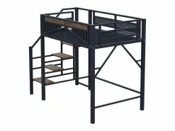 Hauss Spole Cama alta de madera oscura y negra 140x200cm con barandilla de seguridad y escalera, metal + MDF (colchón no incluido) Negro Hot