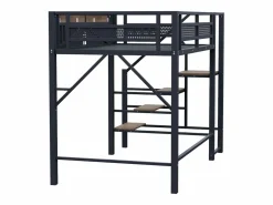 Hauss Spole Cama alta de madera oscura y negra 140x200cm con barandilla de seguridad y escalera, metal + MDF (colchón no incluido) Negro Hot