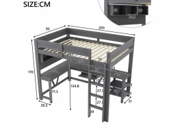 Merax Cama Alta|Cama alta de madera para juegos infantiles - 90 x 200 cm - con escritorio + estante de almacenaje + LED - MDF + madera -