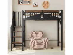 Merax Cama Alta|Cama alta de metal - 90 x 200 cm - con barandilla + escalera de seguridad - madera + metal -