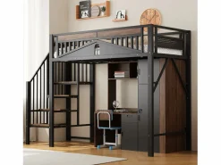 Merax Cama Alta|Cama alta de metal - 90 x 200 cm - con barandilla + escalera de seguridad - madera + metal -