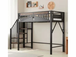Merax Cama Alta|Cama alta de metal - 90 x 200 cm - con barandilla + escalera de seguridad - madera + metal -