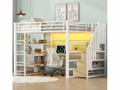 Merax Cama Alta|Cama alta de metal - 140 x 200 cm - con escalera de almacenaje + escritorio + estante + USB + LED - MDF + metal -
