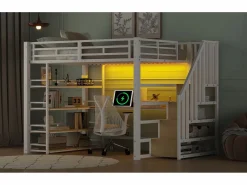 Merax Cama Alta|Cama alta de metal - 140 x 200 cm - con escalera de almacenaje + escritorio + estante + USB + LED - MDF + metal -