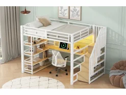 Merax Cama Alta|Cama alta de metal - 140 x 200 cm - con escalera de almacenaje + escritorio + estante + USB + LED - MDF + metal -