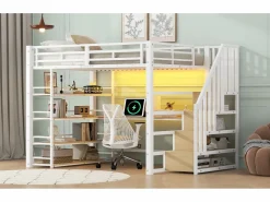 Merax Cama Alta|Cama alta de metal - 140 x 200 cm - con escalera de almacenaje + escritorio + estante + USB + LED - MDF + metal -