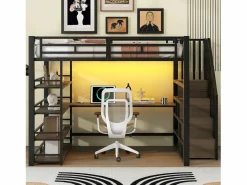 Merax Cama alta de metal - 140 x 200 cm - con escalera de almacenaje + escritorio + estante + USB + LED - MDF + metal - Negro Outlet