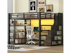 Merax Cama alta de metal - 140 x 200 cm - con escalera de almacenaje + escritorio + estante + USB + LED - MDF + metal - Negro Outlet