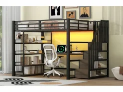 Merax Cama alta de metal - 140 x 200 cm - con escalera de almacenaje + escritorio + estante + USB + LED - MDF + metal - Negro Outlet