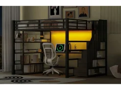 Merax Cama alta de metal - 140 x 200 cm - con escalera de almacenaje + escritorio + estante + USB + LED - MDF + metal - Negro Outlet