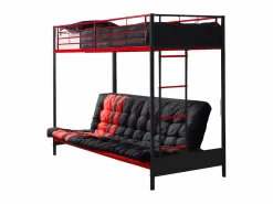 Cama alta de metal negro y rojo de 90 x 190 cm con banco convertible + futón MODULO V^Vente-unique Online