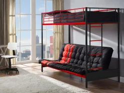 Vente-unique Cama Alta|Cama Infantil|Cama alta de metal negro y rojo de 90 x 190 cm con sofá convertible + colchón futón MODULO V