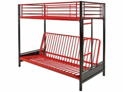Vente-unique Cama Alta|Cama Infantil|Cama alta de metal negro y rojo de 90 x 190 cm con sofá convertible + colchón futón MODULO V