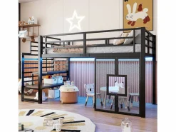 Merax Cama alta de metal para niños - 90 x 200 cm - con escalera + almacenaje + LED + ventanas - Negro Sale