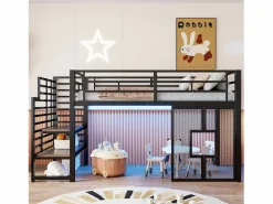 Merax Cama alta de metal para niños - 90 x 200 cm - con escalera + almacenaje + LED + ventanas - Negro Sale