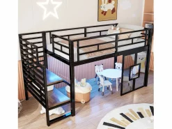Merax Cama alta de metal para niños - 90 x 200 cm - con escalera + almacenaje + LED + ventanas - Negro Sale