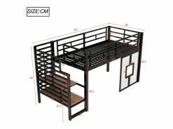 Merax Cama alta de metal para niños - 90 x 200 cm - con escalera + almacenaje + LED + ventanas - Negro Sale