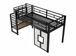 Merax Cama alta de metal para niños - 90 x 200 cm - con escalera + almacenaje + LED + ventanas - Negro Sale