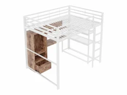 Cama alta de 140x200 cm con iluminación LED, escritorio, cajón y estantes, estructura metálica, blanca^Hauss Spole Online