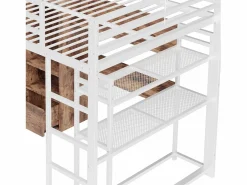 Cama alta de 140x200 cm con iluminación LED, escritorio, cajón y estantes, estructura metálica, blanca^Hauss Spole Online