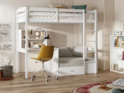 Vente-unique Cama Con Almacenaje|Cama Infantil|Cama alta escritorio, sofá y compartimentos. 90x200 cm. Pino macizo. . GOLIATH II
