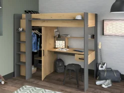 Vente-unique Cama Alta|Cama alta escritorio y armario 90 x 200 cm natural y antracita con colchón AUCKLAND