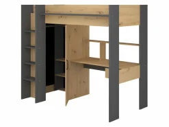 Vente-unique Cama Alta|Cama alta escritorio y armario 90 x 200 cm natural y antracita con colchón AUCKLAND
