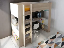 Vente-unique Cama Alta|Cama alta escritorio y estantería integrados blanco NOAH II