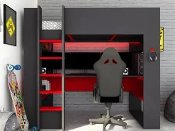Vente-unique Cama Alta|Cama Infantil|Cama alta gamer con escritorio y compartimentos 90 x 200 cm con LEDs gris y rojo NOAH