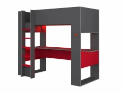 Vente-unique Cama Alta|Cama Infantil|Cama alta gamer con escritorio y compartimentos 90 x 200 cm con LEDs gris y rojo NOAH
