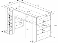 Vente-unique Cama Alta|Cama Con Almacenaje|Cama alta gamer escritorio y compartimentos 90x200 cm LEDs gris y rojo con colchón NOAH
