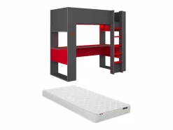 Vente-unique Cama Alta|Cama Con Almacenaje|Cama alta gamer escritorio y compartimentos 90x200 cm LEDs gris y rojo con colchón NOAH
