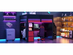 Merax Cama Alta|Cama Con Almacenaje|Cama alta gaming de madera - 140 x 200 cm - con escritorio + LEDs + estantería y escalera de almacenaje + armario - MDF - + rojo