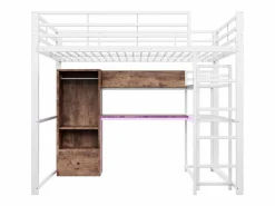 Merax Cama alta infantil - 140 x 200 cm - con armario + LED + escritorio + 1 cajón - MDF + metal - Blanco Hot