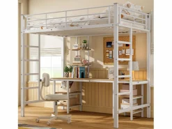 Merax Cama alta infantil - 90 x 200 cm - con mesa y estantes de almacenaje - hierro + MDF - Blanco Sale