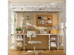 Merax Cama alta infantil - 90 x 200 cm - con mesa y estantes de almacenaje - hierro + MDF - Blanco Sale