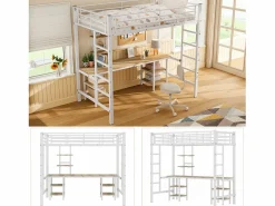 Merax Cama alta infantil - 90 x 200 cm - con mesa y estantes de almacenaje - hierro + MDF - Blanco Sale