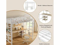 Merax Cama alta infantil - 90 x 200 cm - con mesa y estantes de almacenaje - hierro + MDF - Blanco Sale